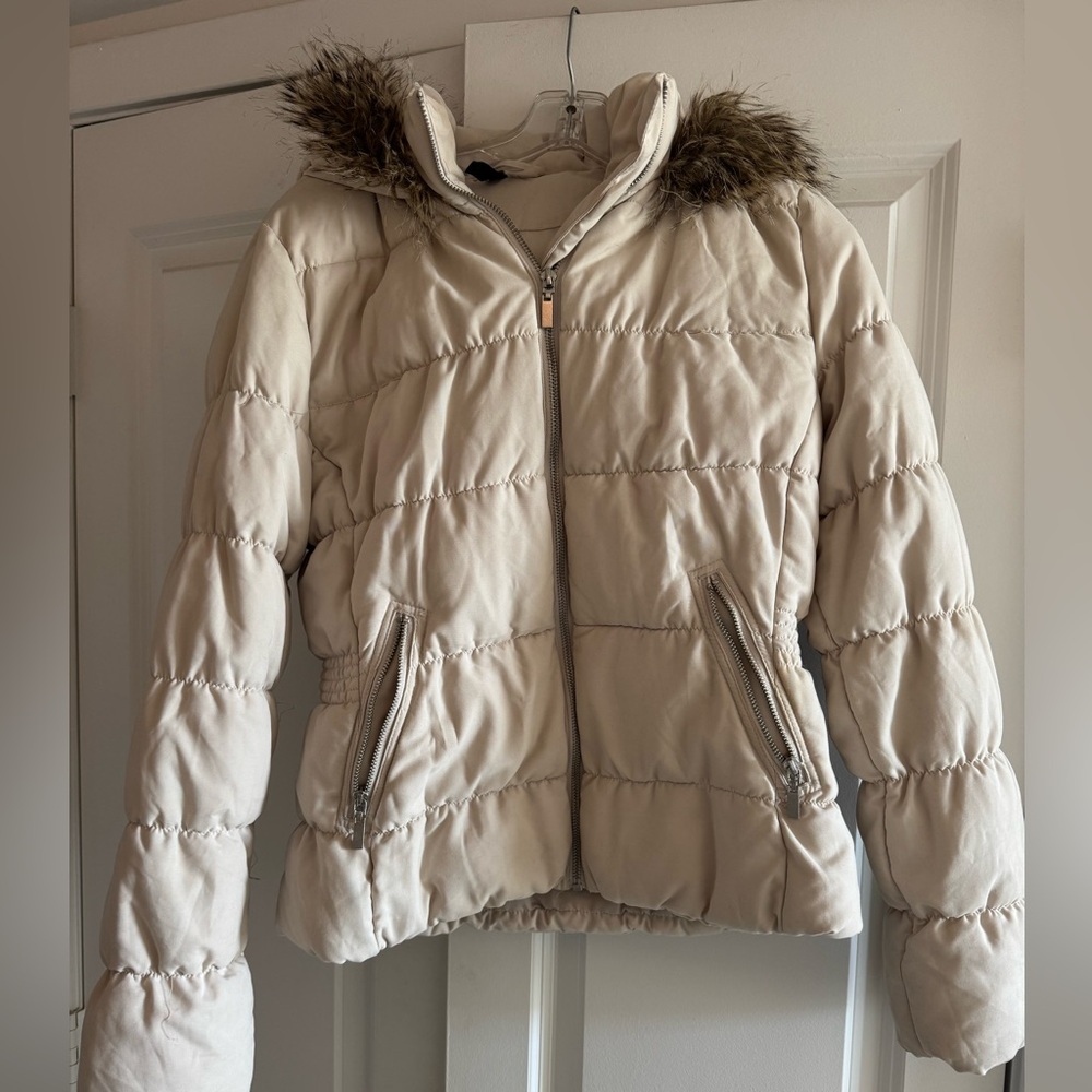 H&M Cream Puffer Jacket Fur Trim US M